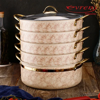 Evren 6 Parça 30 Cm Cream Taş Mermer Desenli Buharlı Pişirici, Mantı Tencere Seti 7,5 Lt